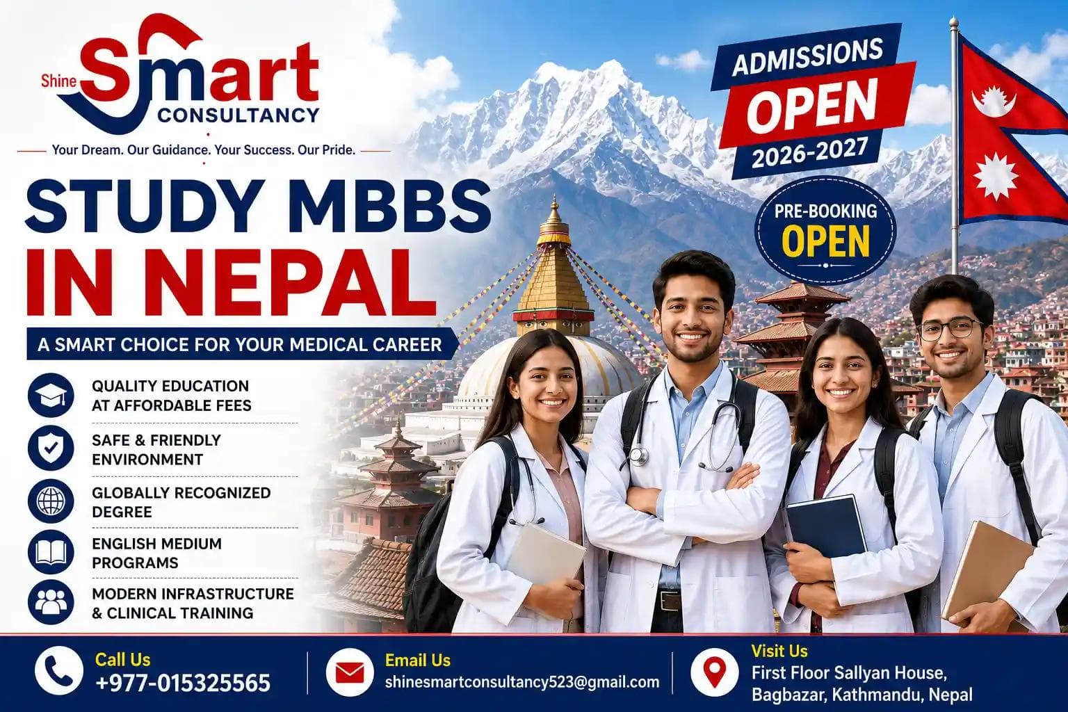 Promotional banner for Shine Smart Consultancy featuring medical students, Nepal's Himalayan mountains, the Nepal flag, and the headline 'Study MBBS in Nepal'. The image highlights affordable medical education, English-medium MBBS programs, globally recognized degrees, admissions and pre-booking for 2026–2027, with the consultancy's contact details in Kathmandu, Nepal.
